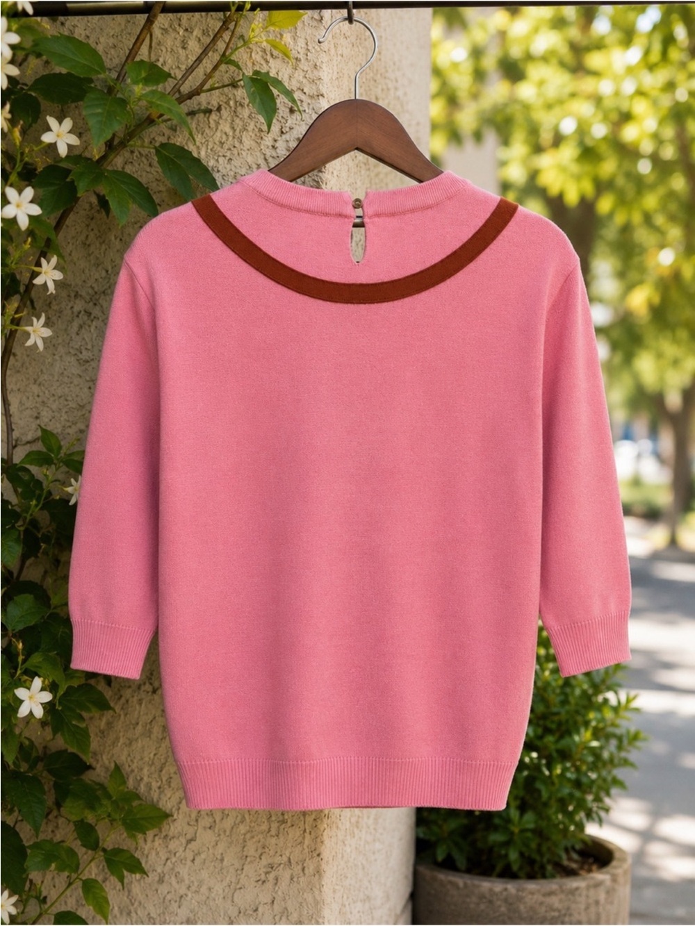 TULIP B | Pink Knit Sweater with Brown Bow Detail - Picture 3 of 15